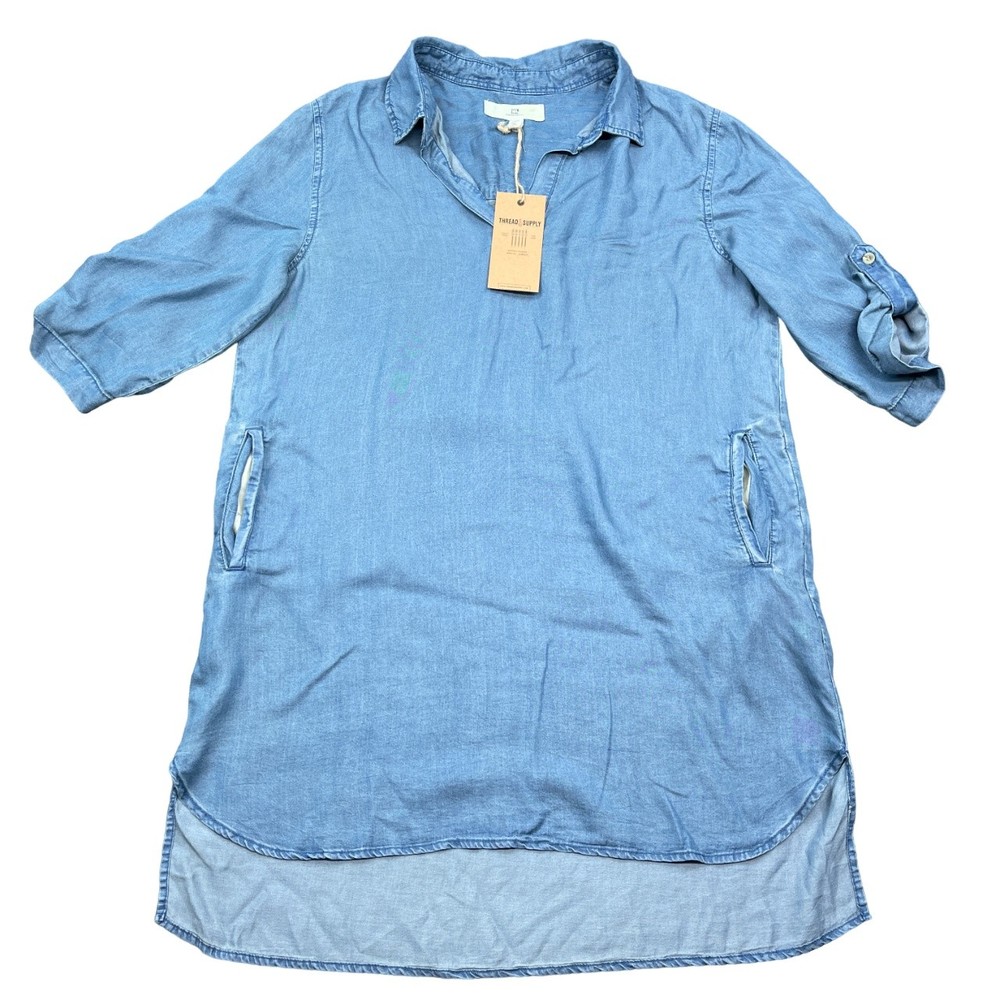 NWT Thread and Supply Top Women's Size Large Blue Chambray 1/2 Sleeve Shirt